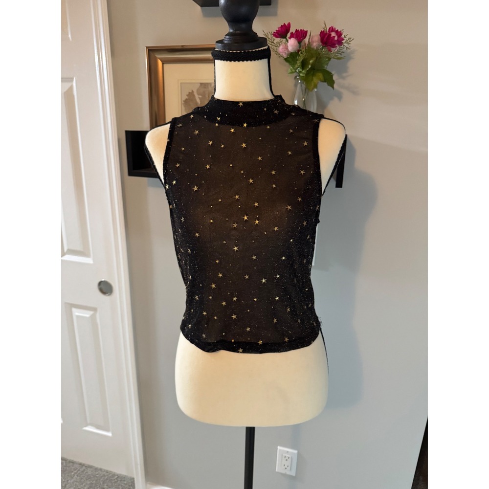 Allegra K Womens Black Sheer Mesh Gold Star Mock Neck Sleeveless Top Large